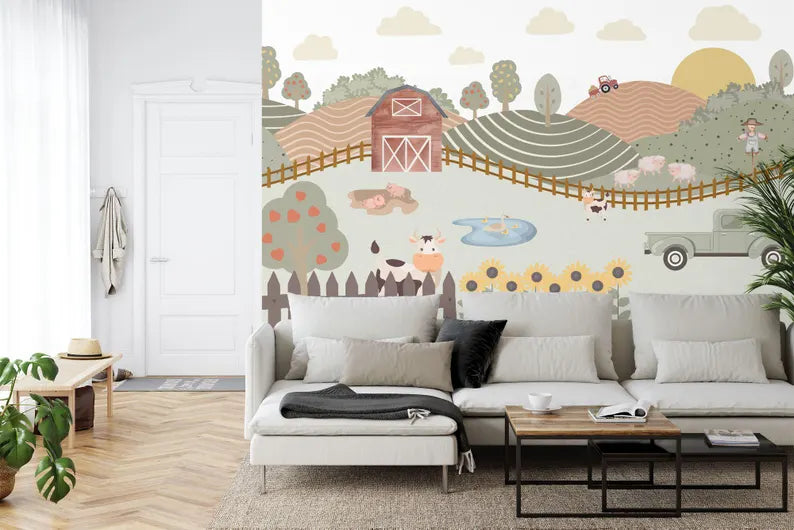 Watercolor Farm Kids Room Mural Art Print