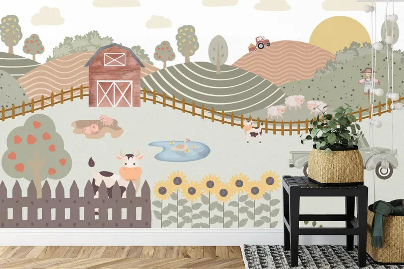 Watercolor Farm Kids Room Mural Art Print