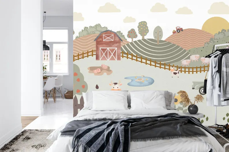 Watercolor Farm Kids Room Mural Art Print