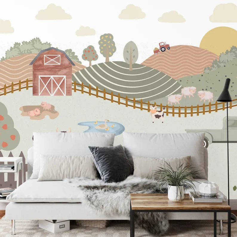 Watercolor Farm Kids Room Mural Art Print