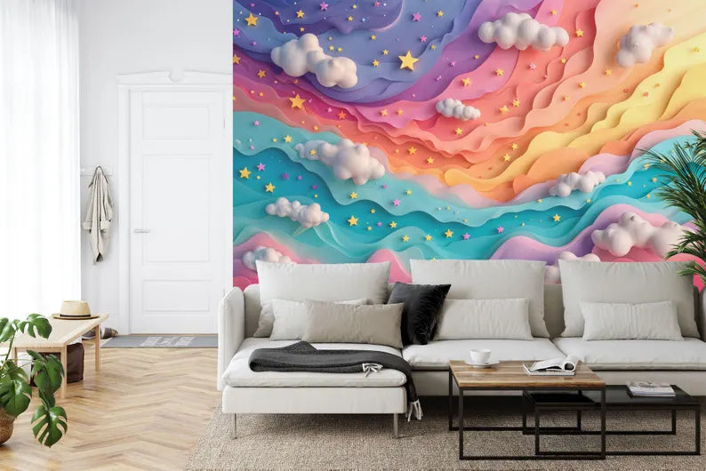 Rainbow Cloud Nursery Wallpaper Mural, Pastel Home Decor