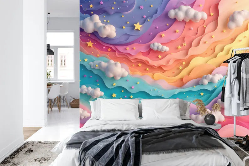 Rainbow Cloud Nursery Wallpaper Mural, Pastel Home Decor