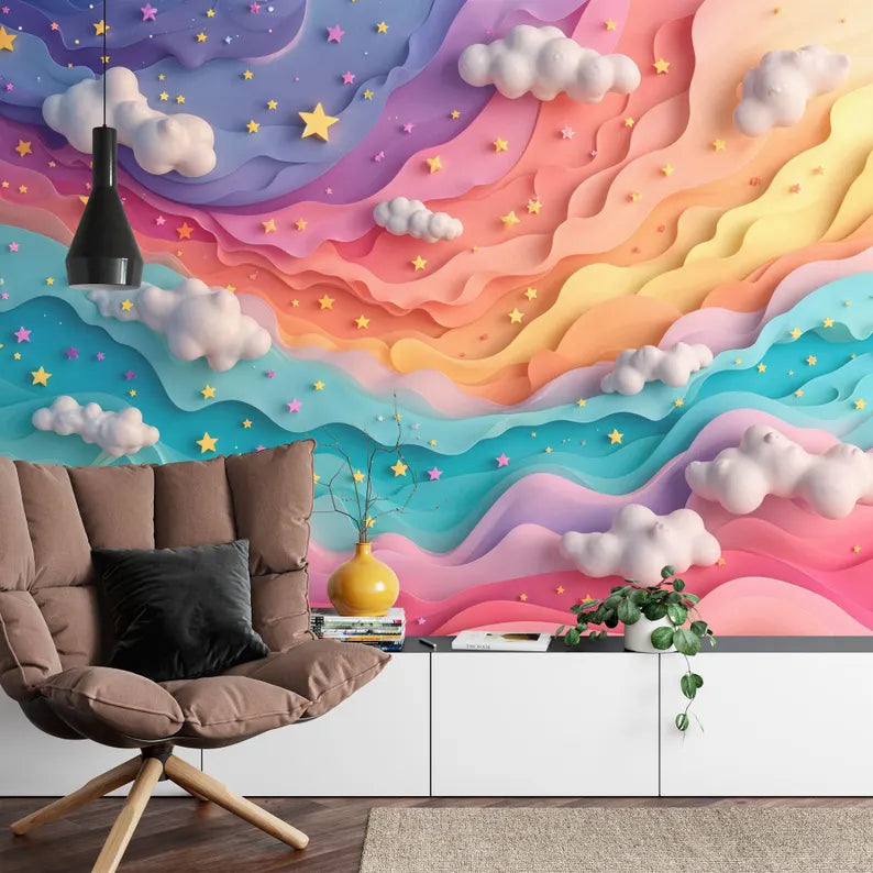 Rainbow Cloud Nursery Wallpaper Mural, Pastel Home Decor