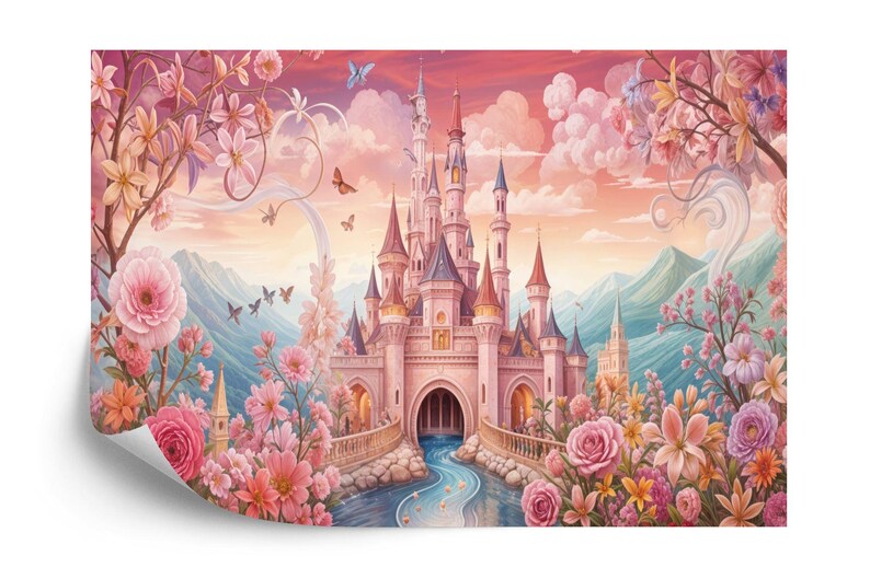 Pink Princess Castle Wallpaper Mural, Girls' Room Decor