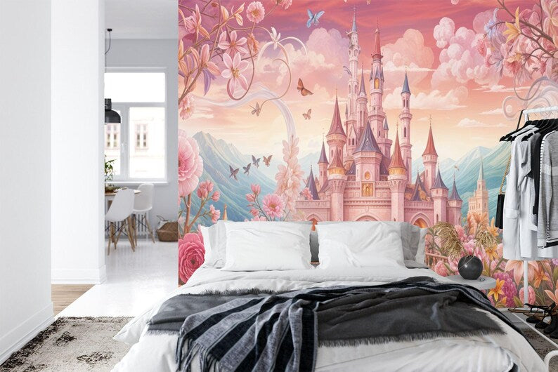 Pink Princess Castle Wallpaper Mural, Girls' Room Decor