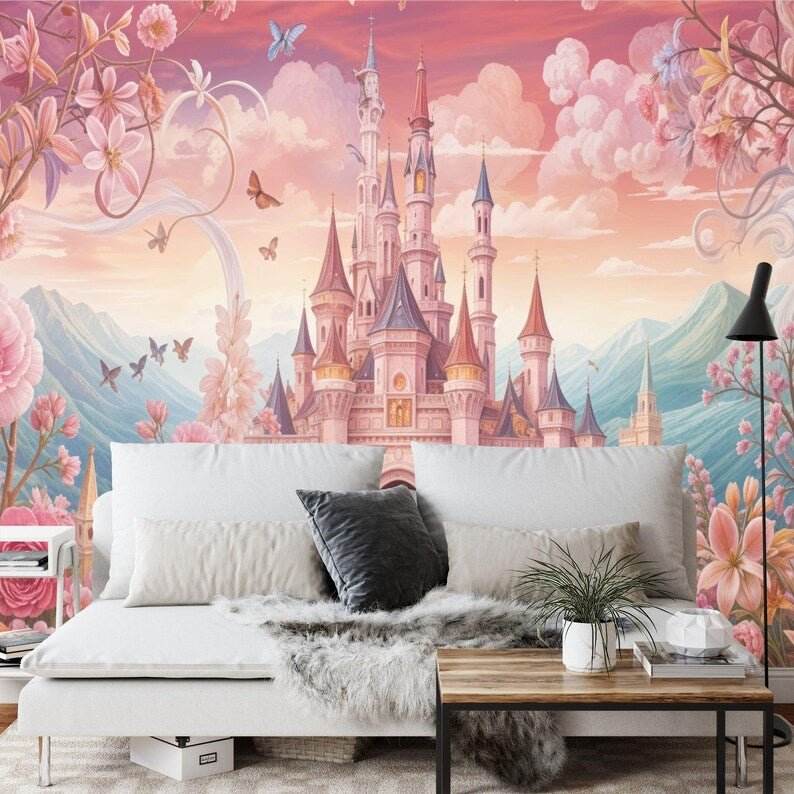 Pink Princess Castle Wallpaper Mural, Girls' Room Decor