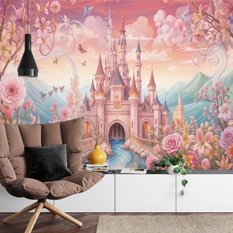 Pink Princess Castle Wallpaper Mural, Girls' Room Decor