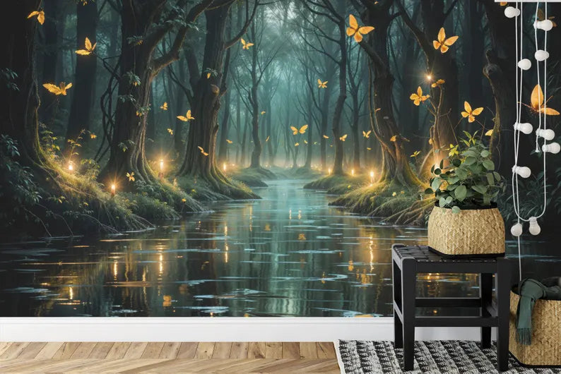Enchanted Forest Wallpaper Mural, Butterfly Flowers