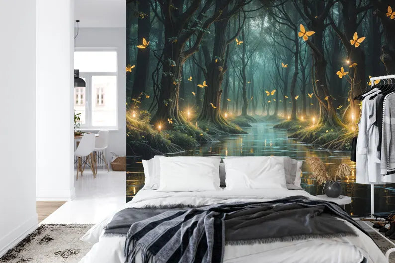 Enchanted Forest Wallpaper Mural, Butterfly Flowers