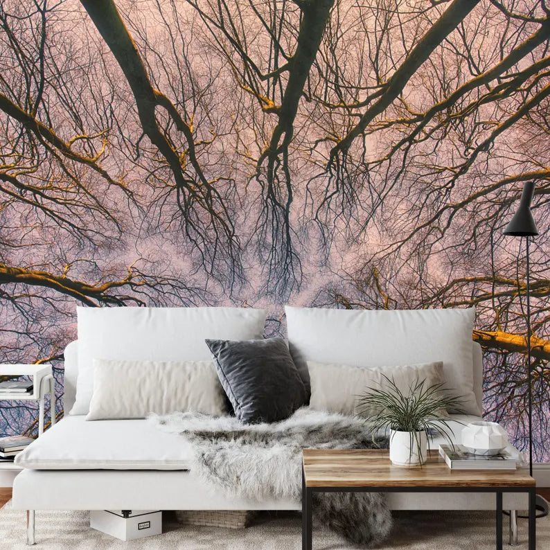 Sunrise Forest ceiling Wallpaper Mural, Blue Violet Sky