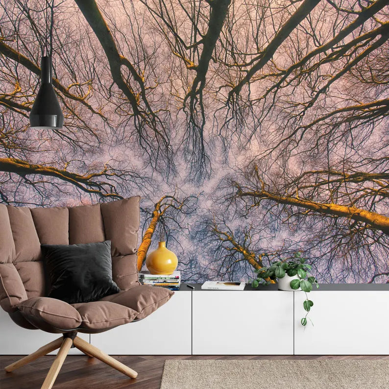 Sunrise Forest ceiling Wallpaper Mural, Blue Violet Sky