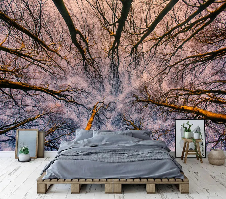 Sunrise Forest ceiling Wallpaper Mural, Blue Violet Sky