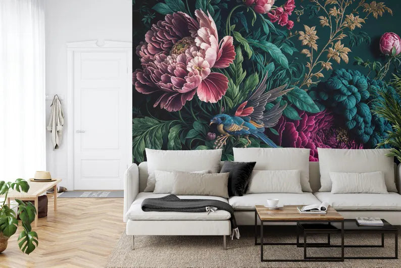 Baroque Peony Wallpaper Mural installed in living room with vintage furniture and elegant decor