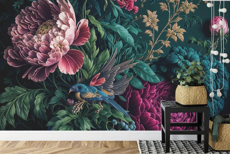 Detailed view of baroque peony floral pattern with deep rich colors on wallpaper mural