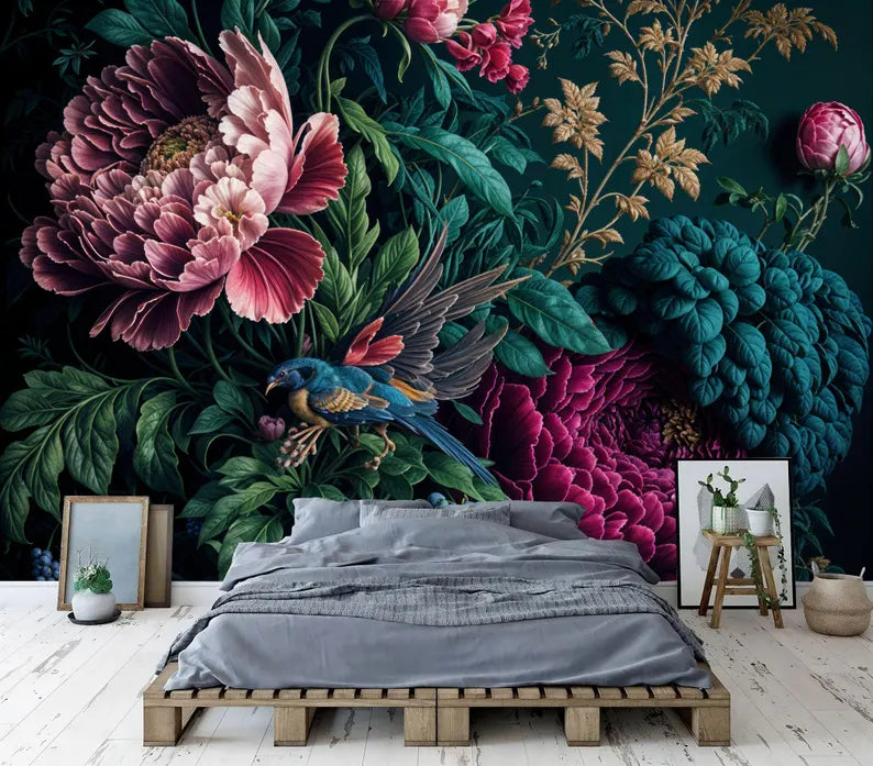 Baroque Peony Wallpaper Mural, Rich Deep Colors