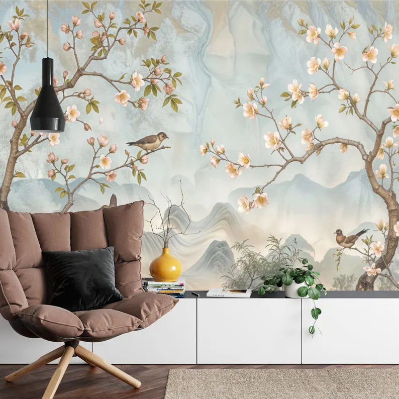 Vintage Chinoiserie Bird and Tree Mural