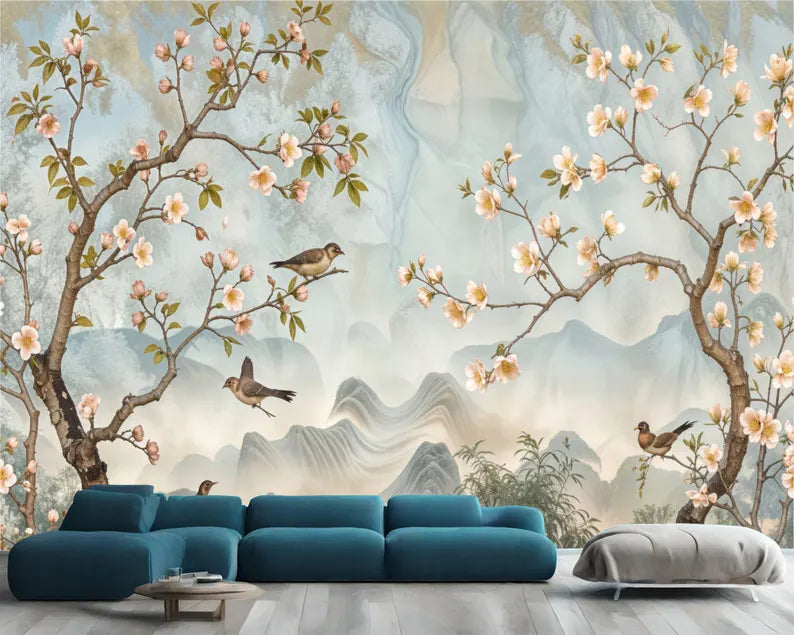 Vintage Chinoiserie Bird and Tree Mural