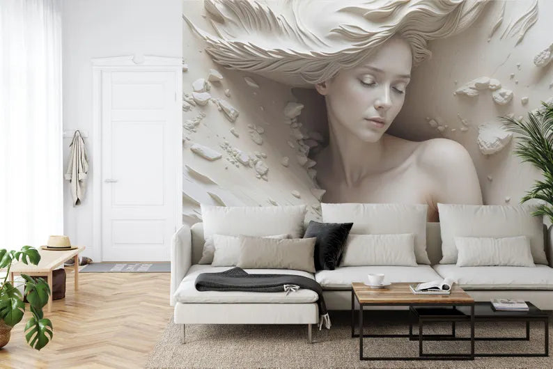 3D Illusion Woman Face Mural, Realistic Art Wallpaper