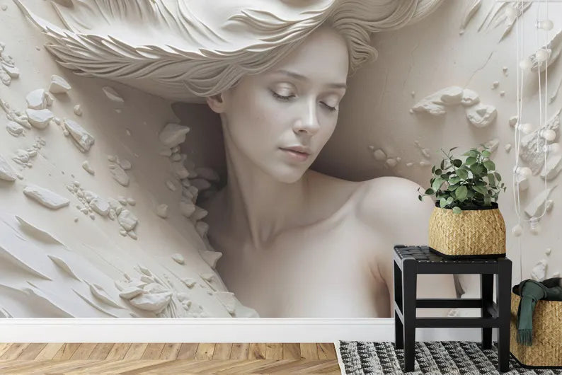 3D Illusion Woman Face Mural, Realistic Art Wallpaper
