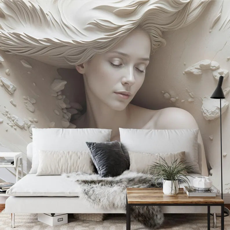 3D Illusion Woman Face Mural, Realistic Art Wallpaper