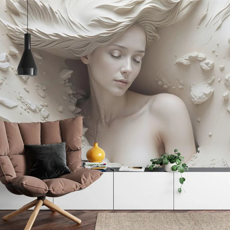 3D Illusion Woman Face Mural, Realistic Art Wallpaper