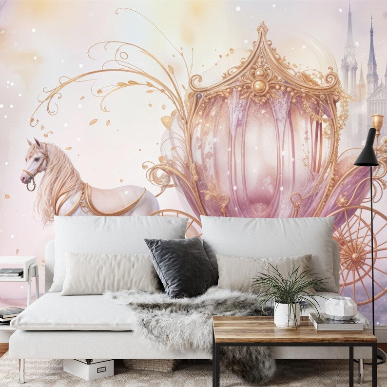 Fairy Princess Pink Carriage Wallpaper Mural, Girls Room