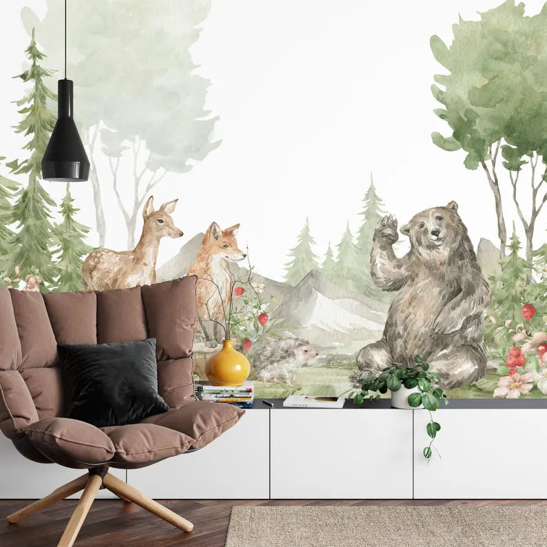 Watercolor Forest Animal Wallpaper Mural Art Print
