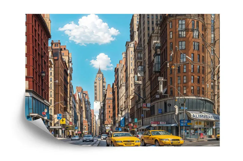 New York City Street Drawing Wallpaper Mural, Yellow Taxi