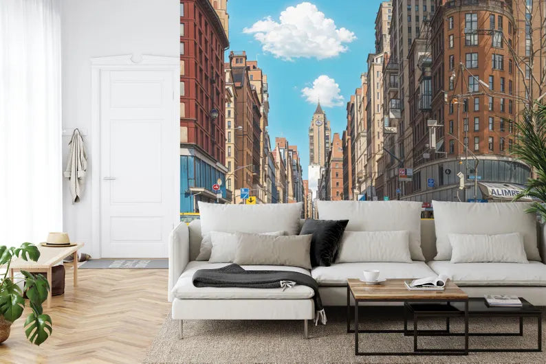 New York City Street Drawing Wallpaper Mural, Yellow Taxi