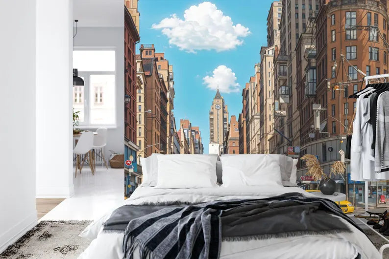 New York City Street Drawing Wallpaper Mural, Yellow Taxi