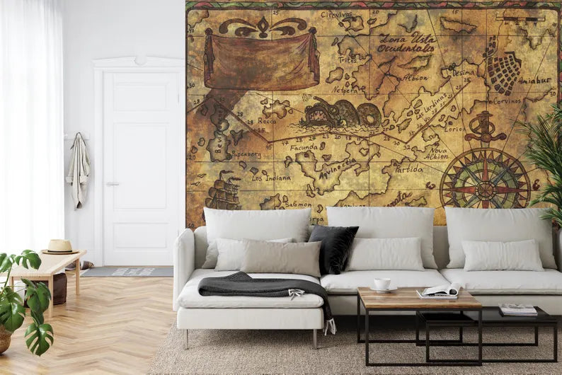 Nautical Map Mural, Captain's Log, Wallpaper