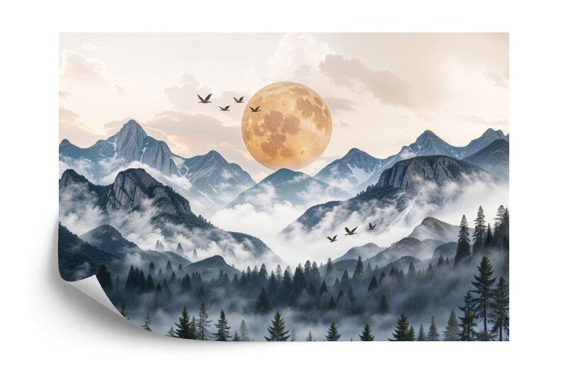 Wallpaper, Japanese Mountains Sunset Wall Mural - Birds, Forest