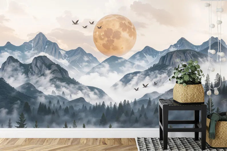 Wallpaper, Japanese Mountains Sunset Wall Mural - Birds, Forest