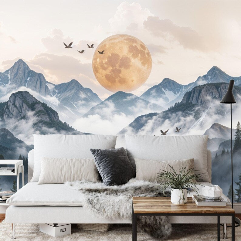 Wallpaper, Japanese Mountains Sunset Wall Mural - Birds, Forest