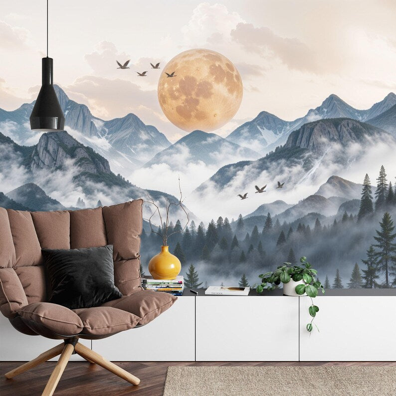 Wallpaper, Japanese Mountains Sunset Wall Mural - Birds, Forest