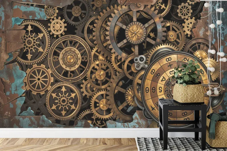 Steampunk Gear Wallpaper Mural, Retro Industrial