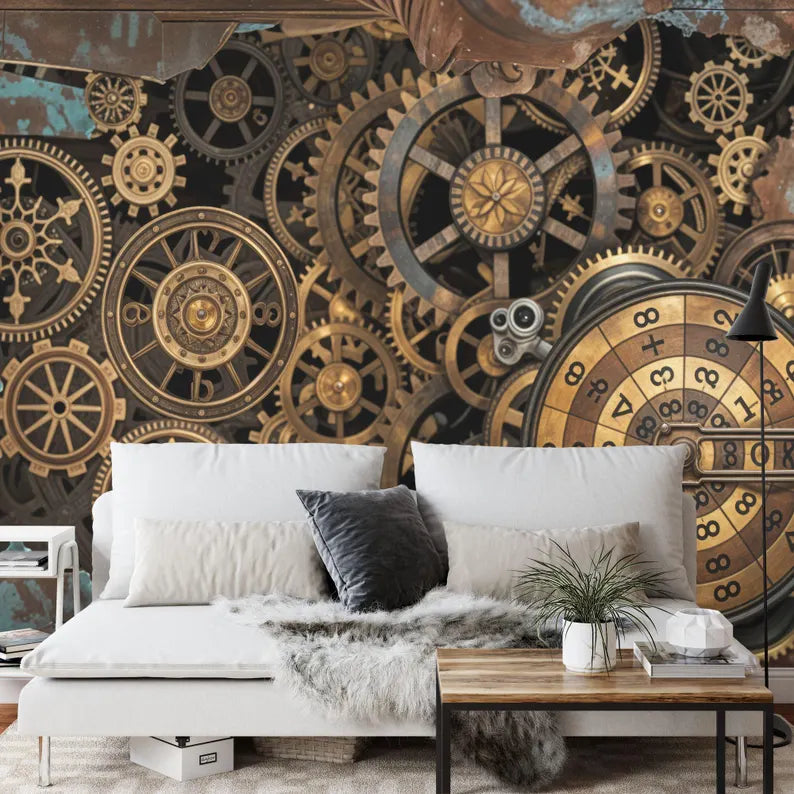 Steampunk Gear Wallpaper Mural, Retro Industrial
