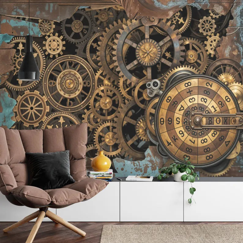 Steampunk Gear Wallpaper Mural, Retro Industrial