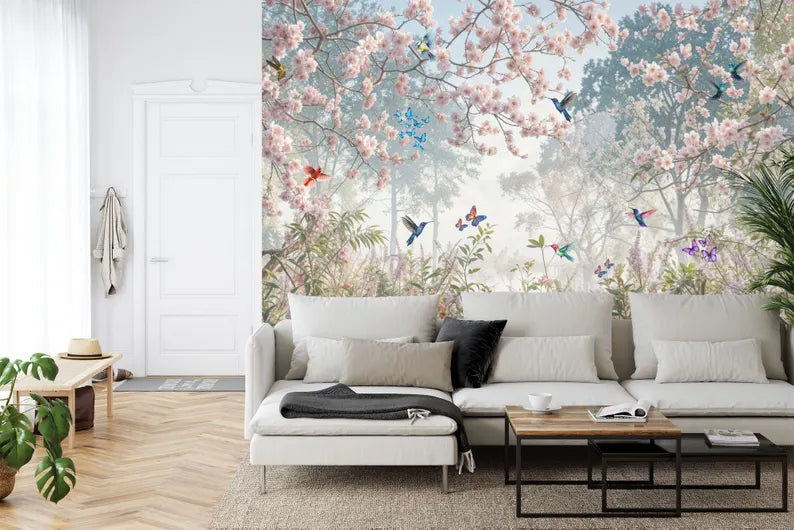 Meadow Garden Wallpaper Mural: Flowers, Birds