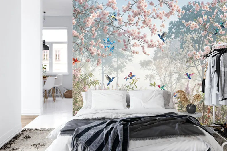 Meadow Garden Wallpaper Mural: Flowers, Birds