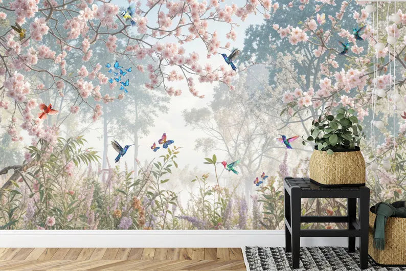 Meadow Garden Wallpaper Mural: Flowers, Birds