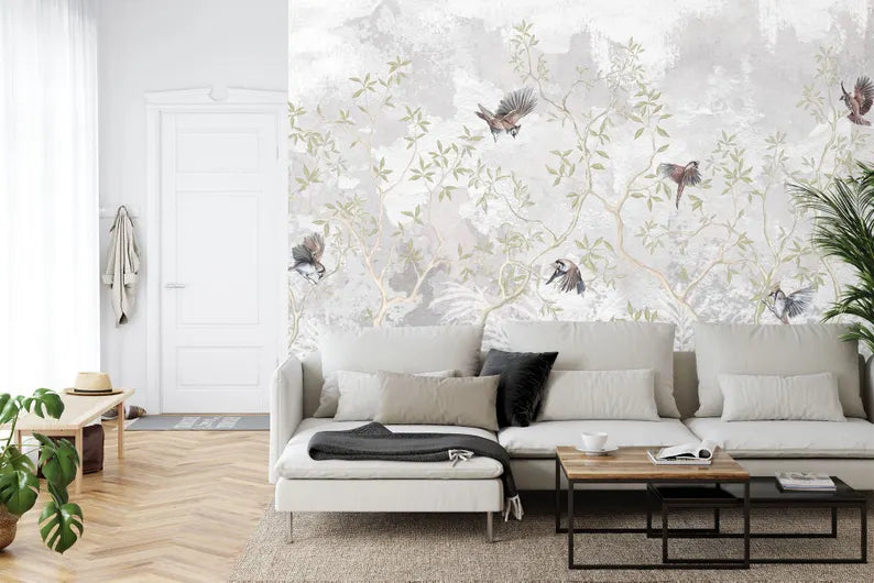 Illustration Wisteria Branches Flowers, Flying Birds Gift