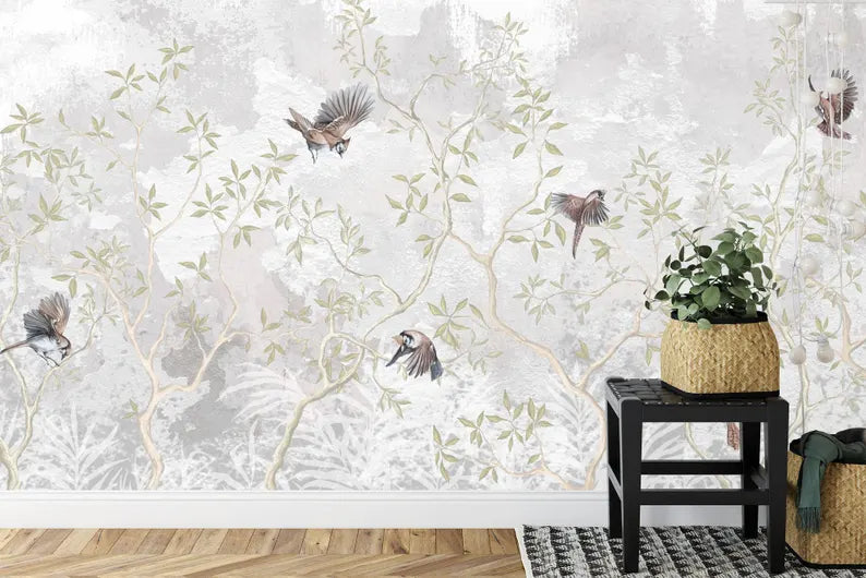 Illustration Wisteria Branches Flowers, Flying Birds Gift