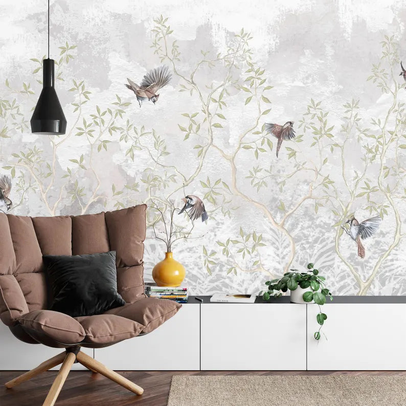 Illustration Wisteria Branches Flowers, Flying Birds Gift