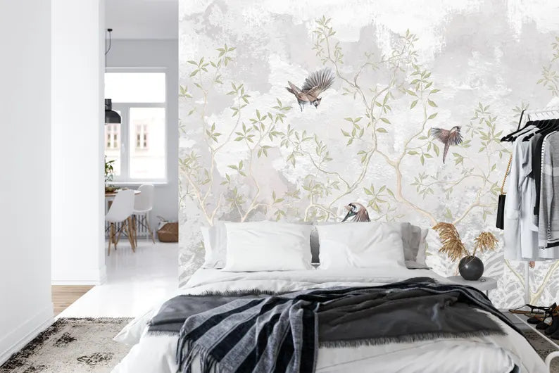 Illustration Wisteria Branches Flowers, Flying Birds Gift