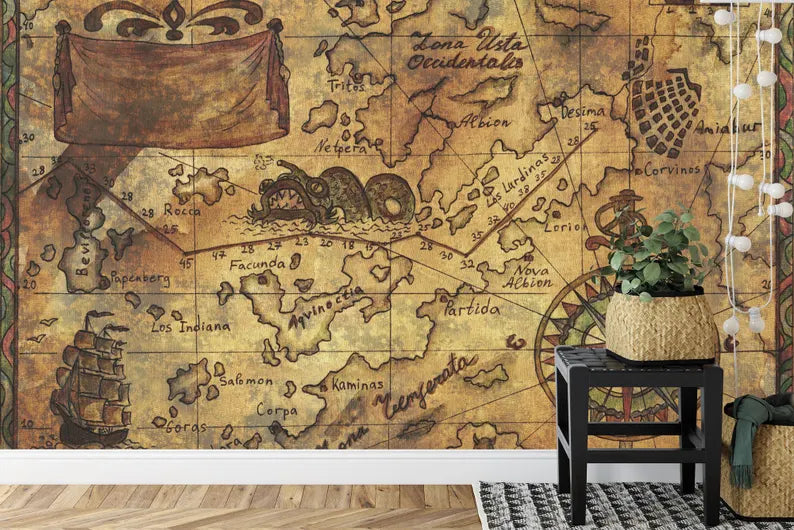 Nautical Map Mural, Captain's Log, Wallpaper