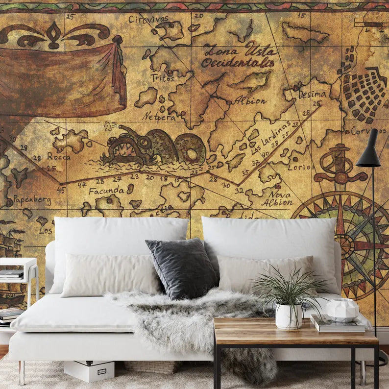 Nautical Map Mural, Captain's Log, Wallpaper