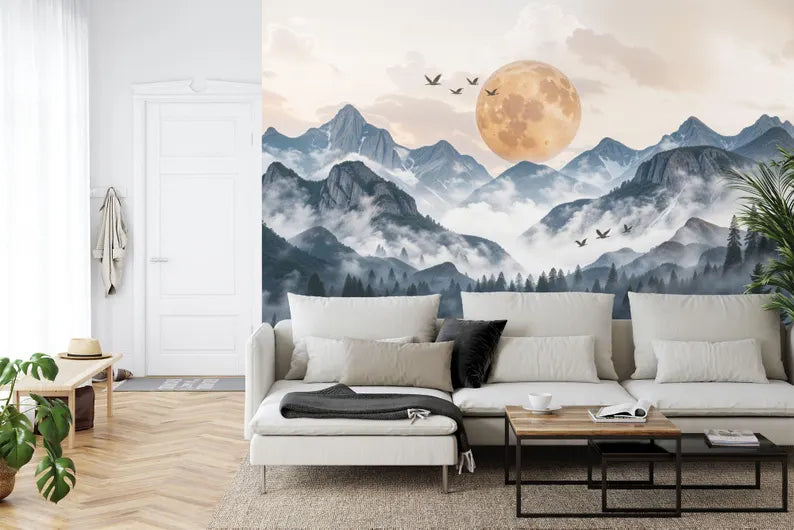 Wallpaper, Japanese Mountains Sunset Wall Mural - Birds, Forest