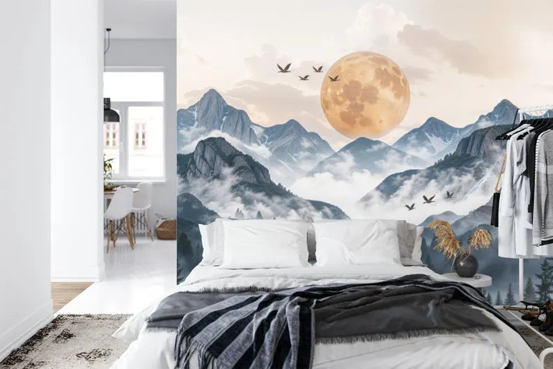 Wallpaper, Japanese Mountains Sunset Wall Mural - Birds, Forest