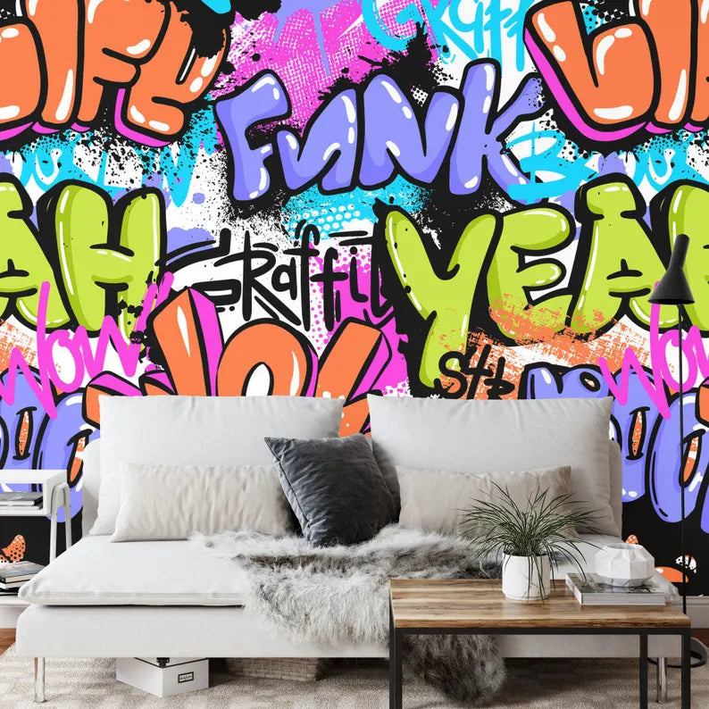 Colorful Graffiti Street Wallpaper Mural, Teenage Room Decor